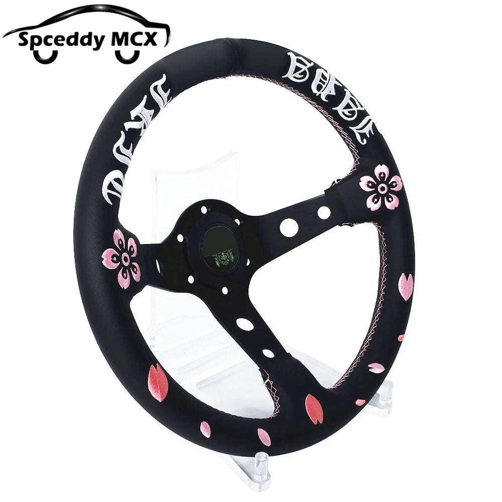 Volante JDM de Cuero Auténtico con Bordado Flor de Cereza Universal