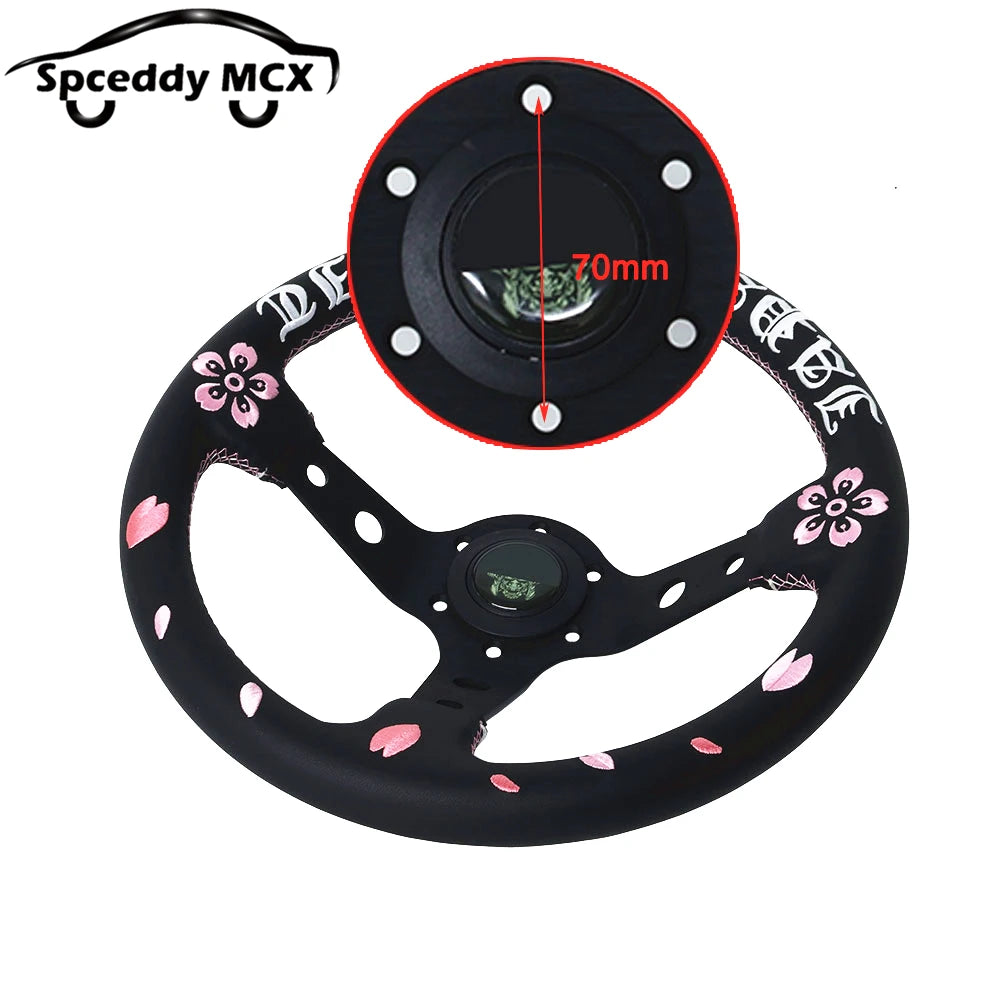 Volante JDM de Cuero Auténtico con Bordado Flor de Cereza Universal