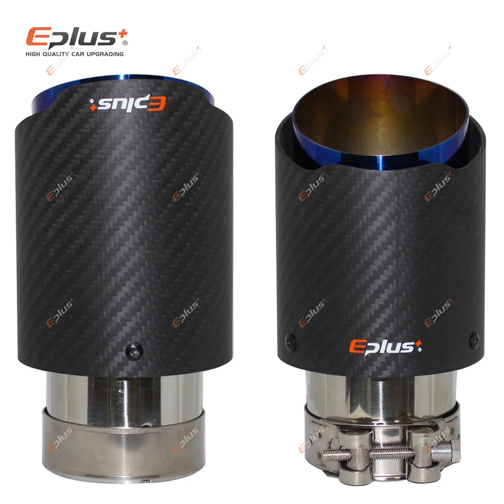 EPLUS Car Matte Carbon Fiber Muffler Tip Exhaust System Pipe Mufflers Nozzle Universal Straight Stainless Blue