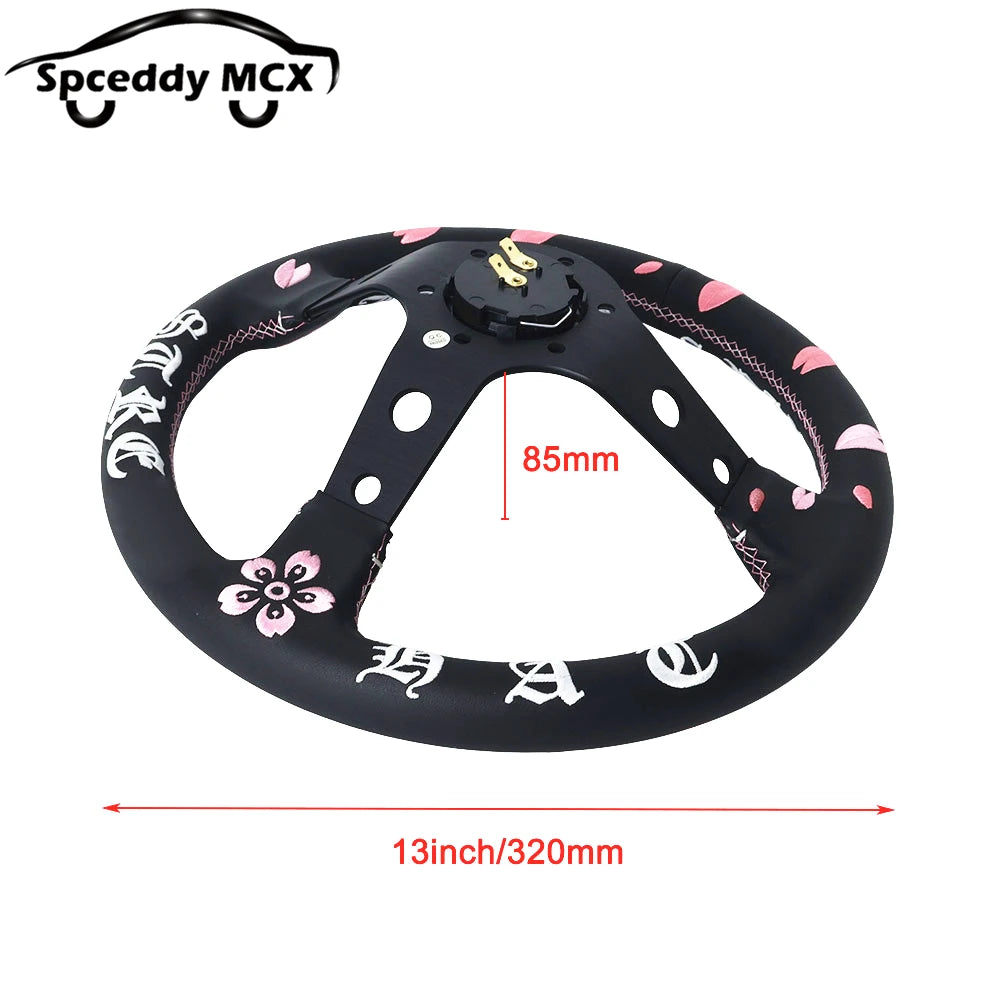 Volante JDM de Cuero Auténtico con Bordado Flor de Cereza Universal