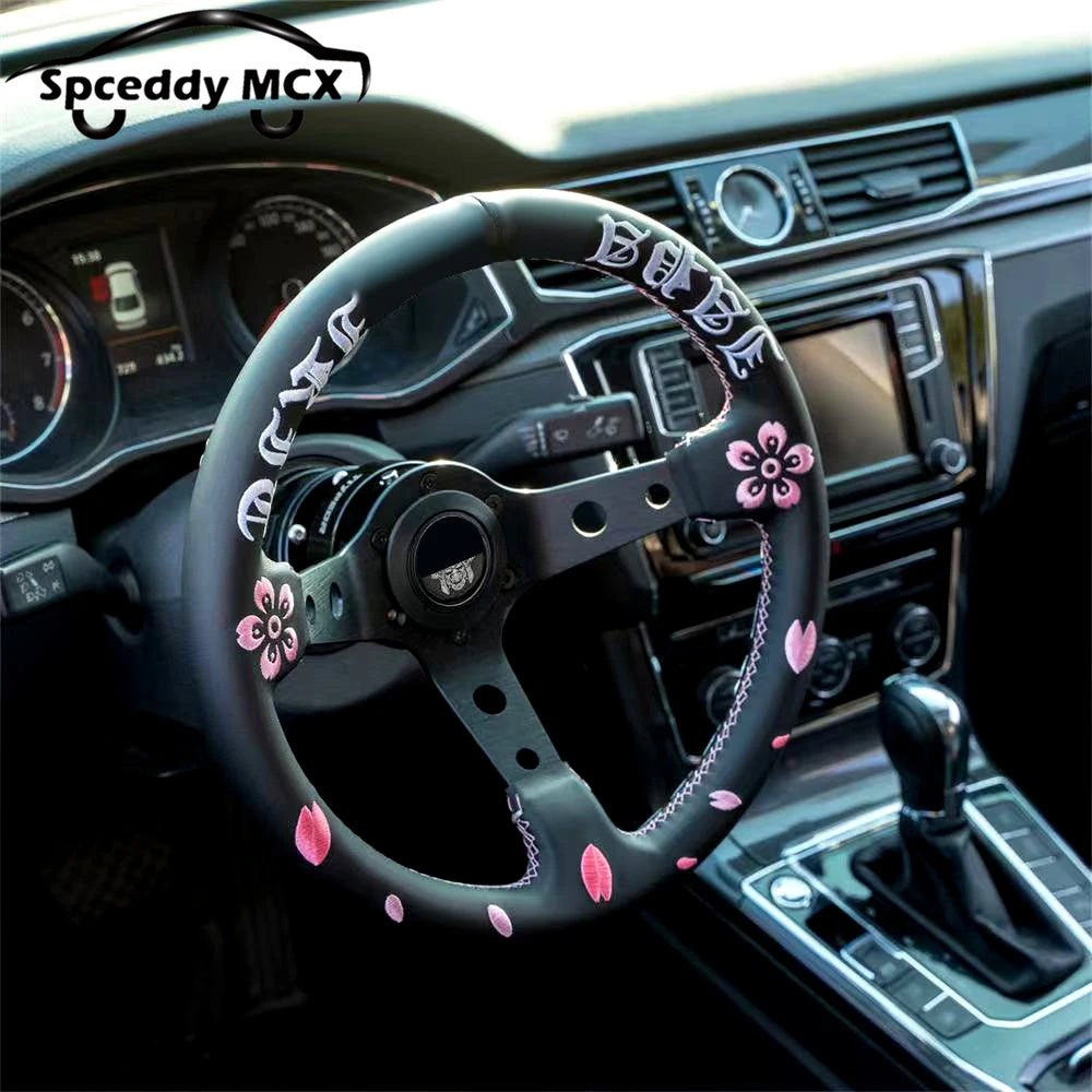 Volante JDM de Cuero Auténtico con Bordado Flor de Cereza Universal
