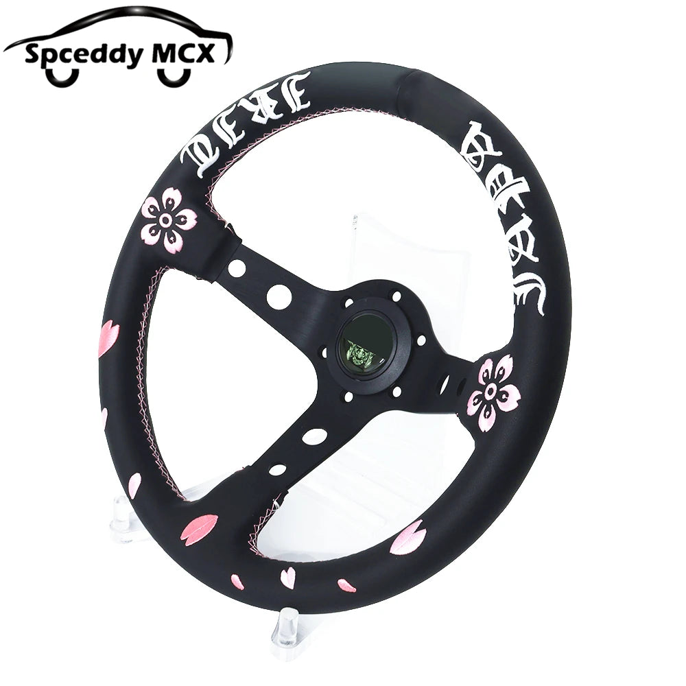 Volante JDM de Cuero Auténtico con Bordado Flor de Cereza Universal