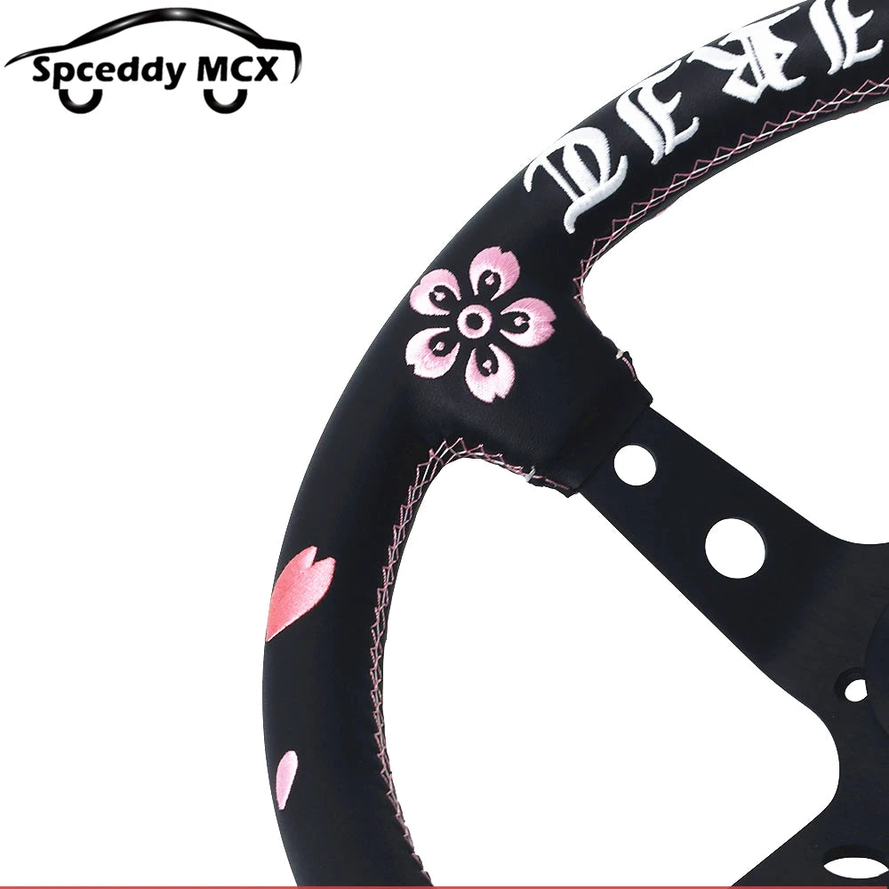 Volante JDM de Cuero Auténtico con Bordado Flor de Cereza Universal