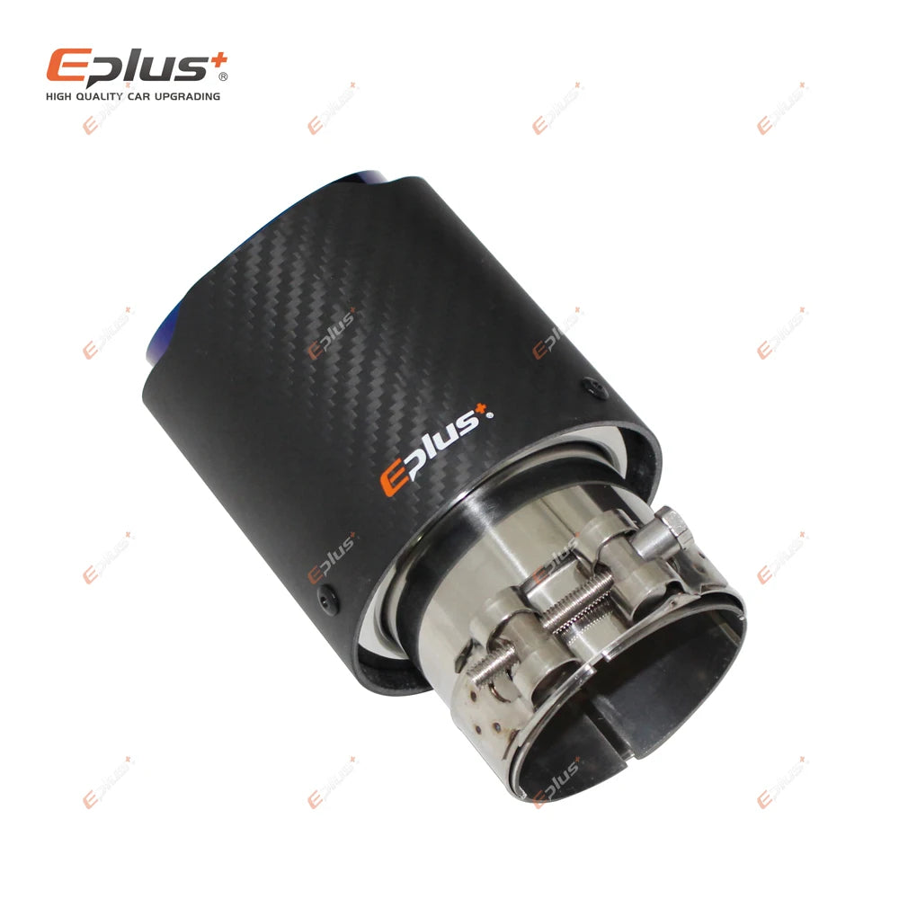 EPLUS Car Matte Carbon Fiber Muffler Tip Exhaust System Pipe Mufflers Nozzle Universal Straight Stainless Blue