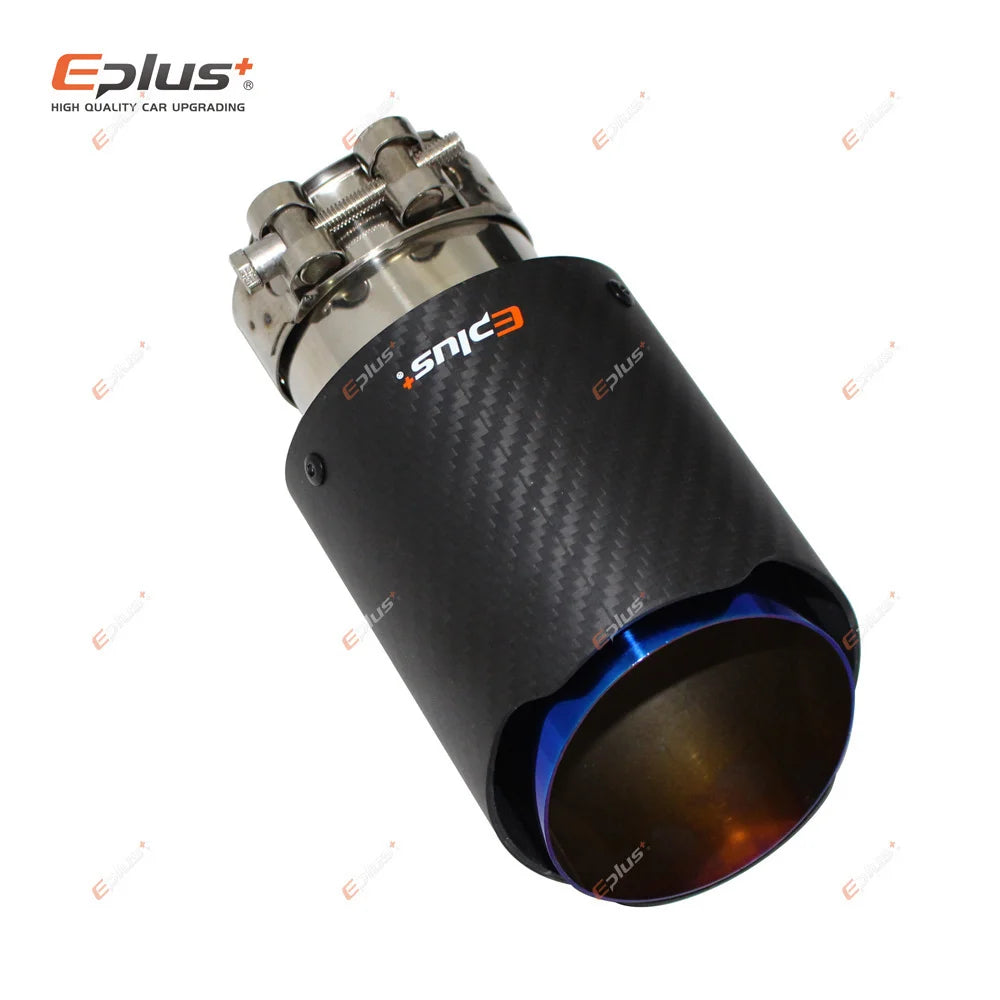 EPLUS Car Matte Carbon Fiber Muffler Tip Exhaust System Pipe Mufflers Nozzle Universal Straight Stainless Blue
