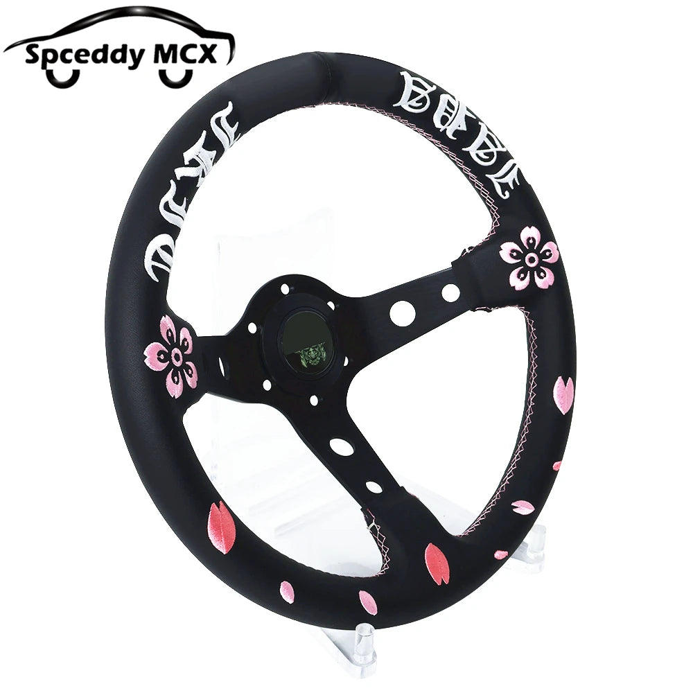 Volante JDM de Cuero Auténtico con Bordado Flor de Cereza Universal