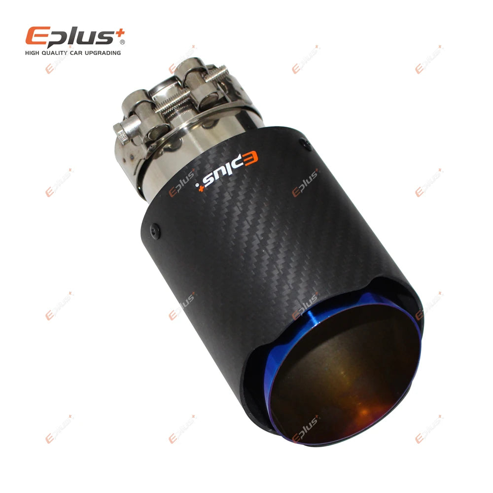 EPLUS Car Matte Carbon Fiber Muffler Tip Exhaust System Pipe Mufflers Nozzle Universal Straight Stainless Blue
