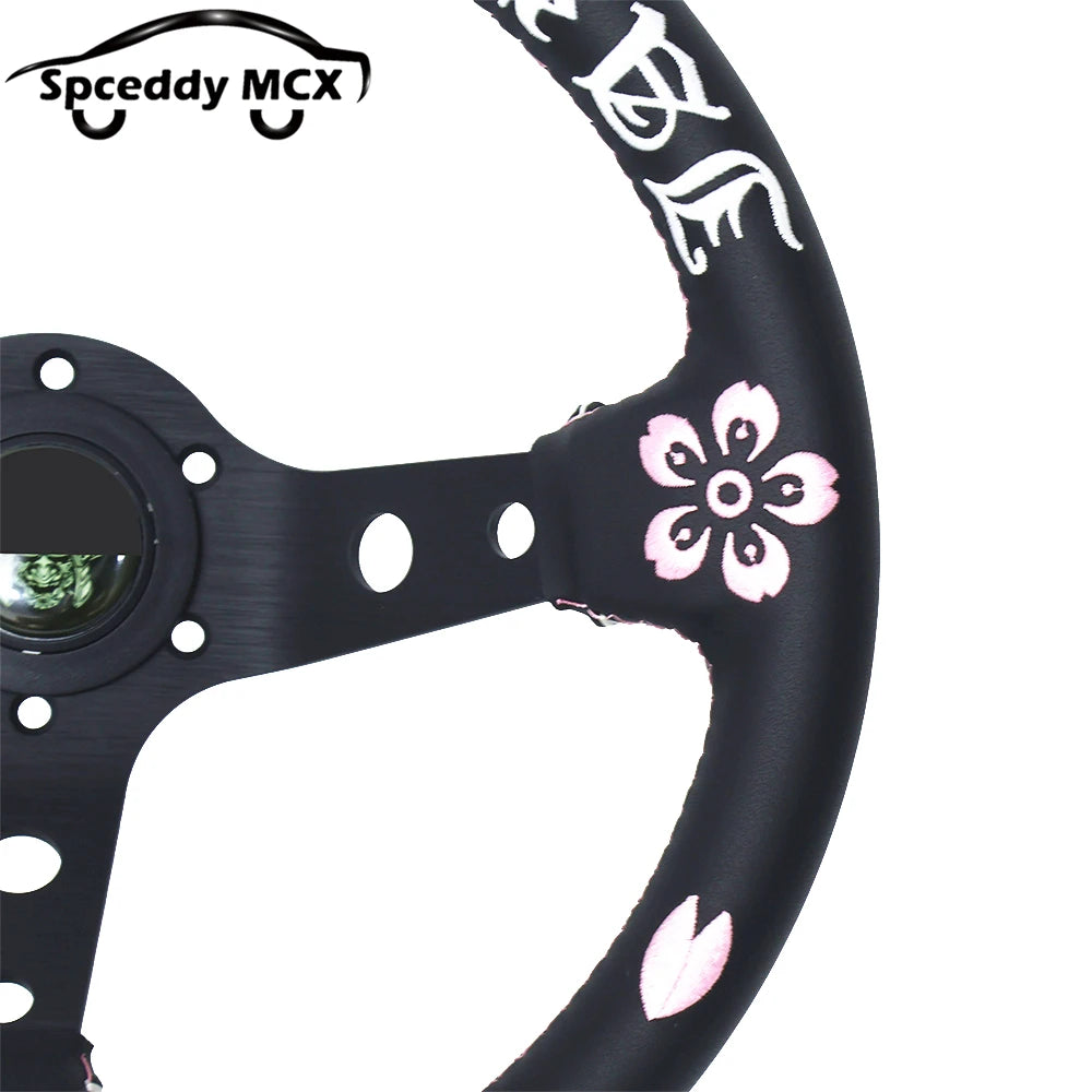 Volante JDM de Cuero Auténtico con Bordado Flor de Cereza Universal