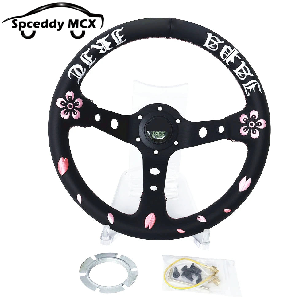 Volante JDM de Cuero Auténtico con Bordado Flor de Cereza Universal