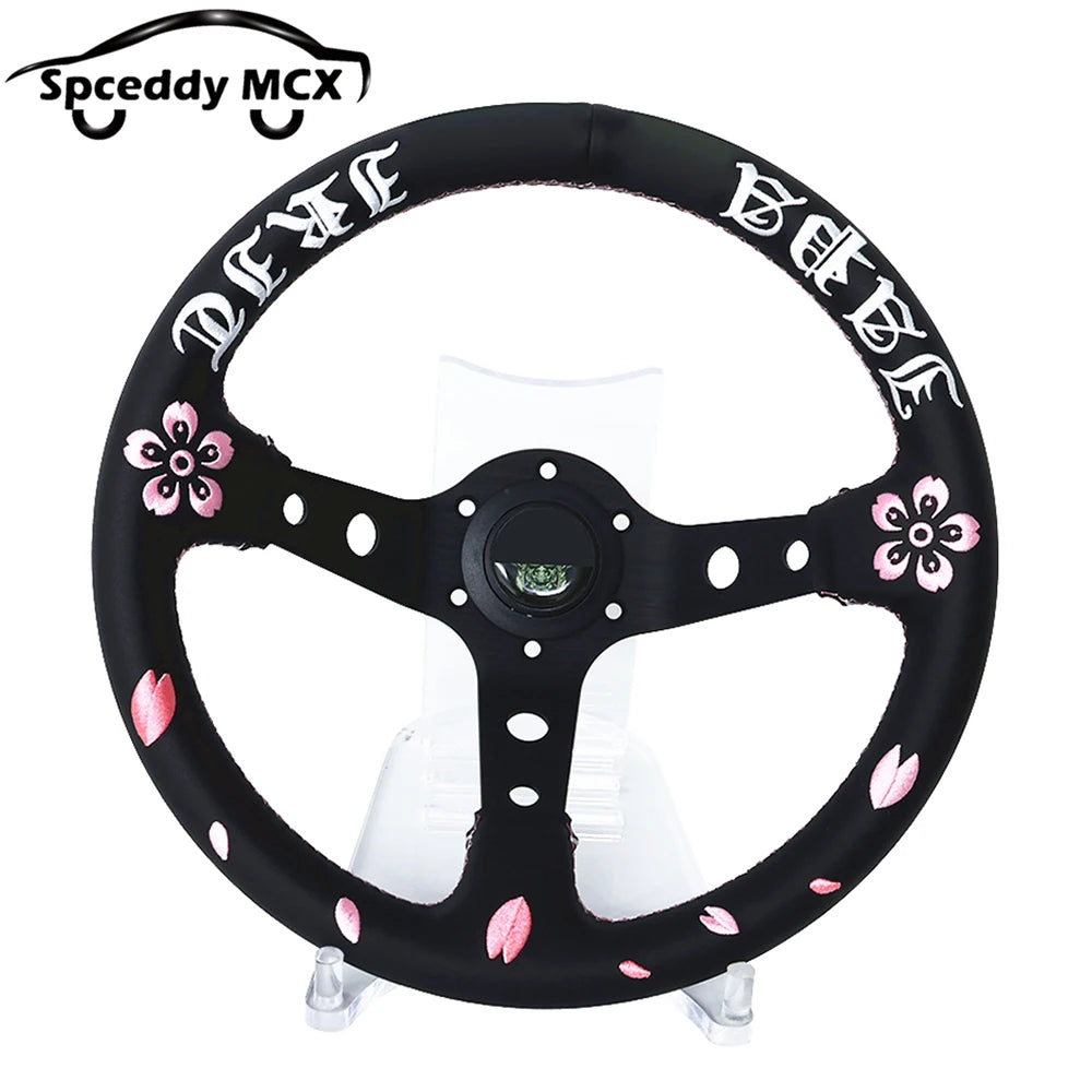 Volante JDM de Cuero Auténtico con Bordado Flor de Cereza Universal