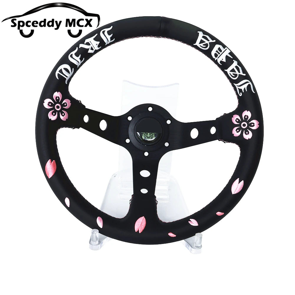 Volante JDM de Cuero Auténtico con Bordado Flor de Cereza Universal